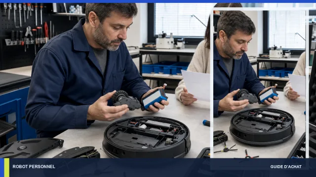Atelier contrôlant batterie et module de roue d’un robot domestique.