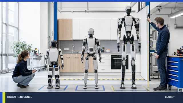 Trois tailles de robots humanoïdes comparées dans un laboratoire domestique.